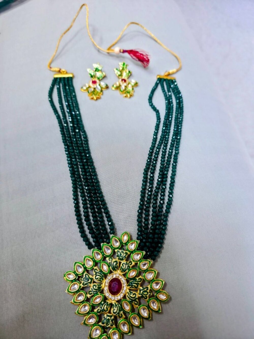 Green Kundan Bead Necklace Earring Set Gold Tone Indian Bridal